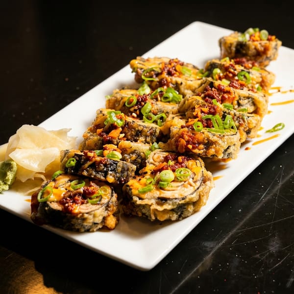 Crispy fried sushi rolls with spicy sauce and green onions, served with ginger and wasabi.