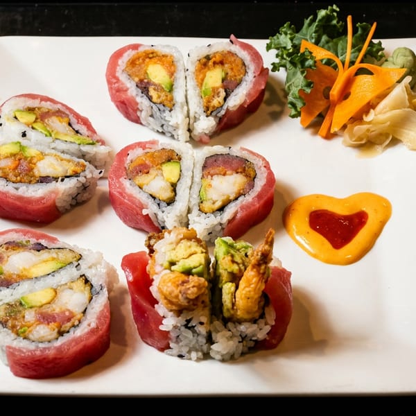 A white rectangular plate holds various sushi rolls, some heart-shaped, with sauces and garnishes.