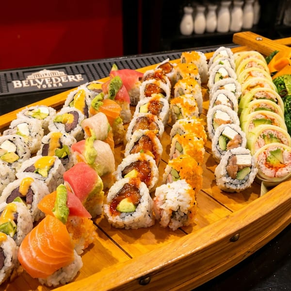 A large wooden boat filled with various colorful sushi rolls, seaweed salad, and ginger.