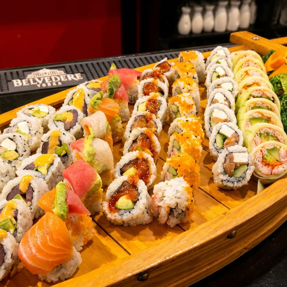 A large wooden boat filled with various colorful sushi rolls, seaweed salad, and ginger.