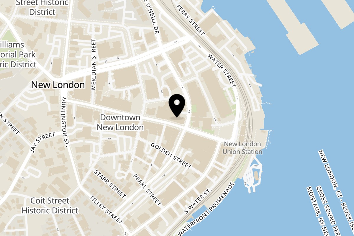 Map showing the location of Kin D Thai & Sushi on 123 State St in New London